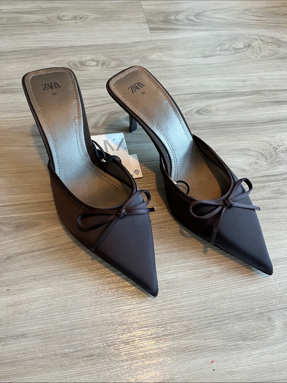 Viral Zara Dark Brown Pointed Toe Bow Satin Kitten Heel Mules
